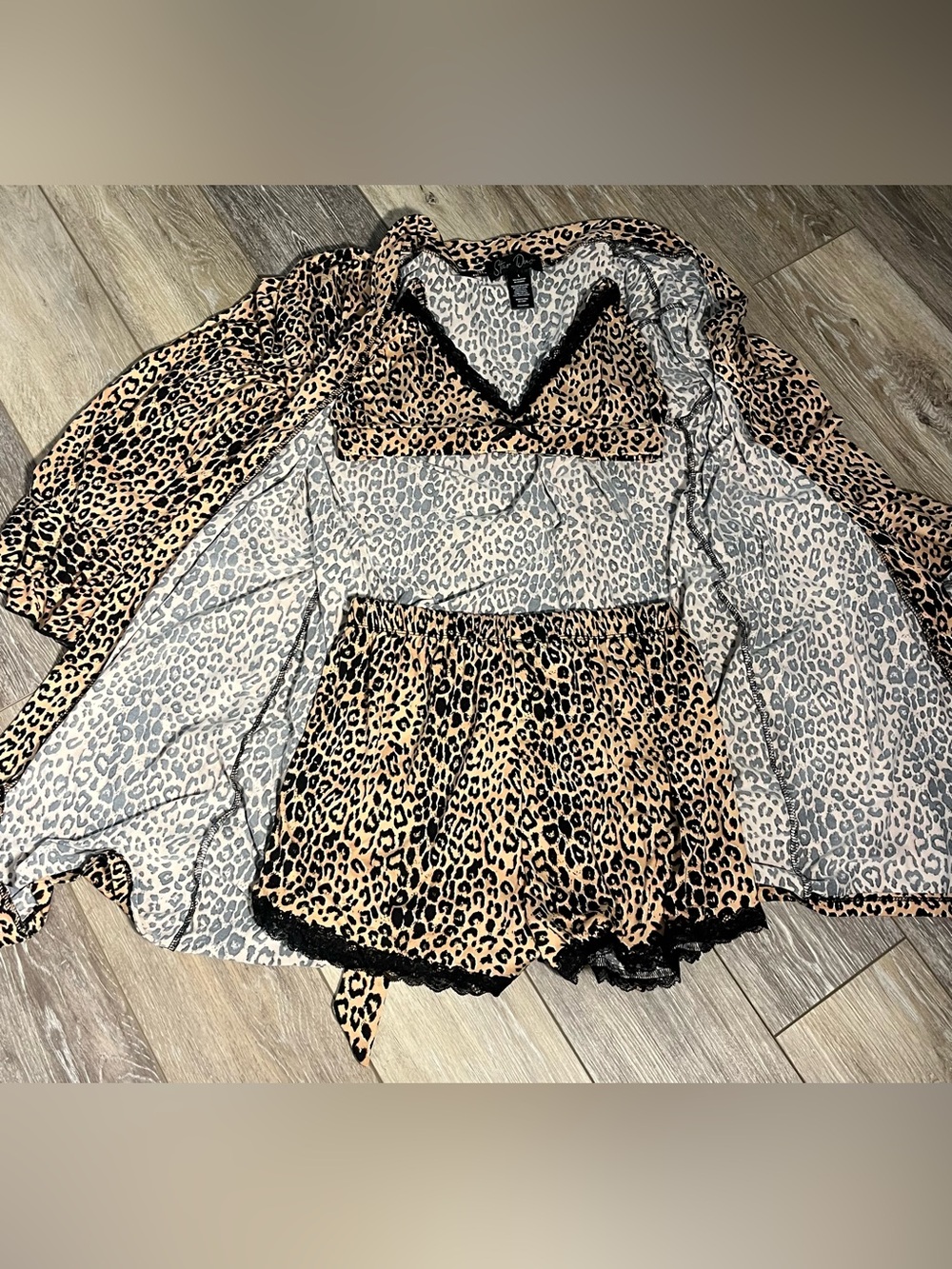 Star Dust Leopard Print Satin 3-Piece Pajama Set with Black Lace Trim